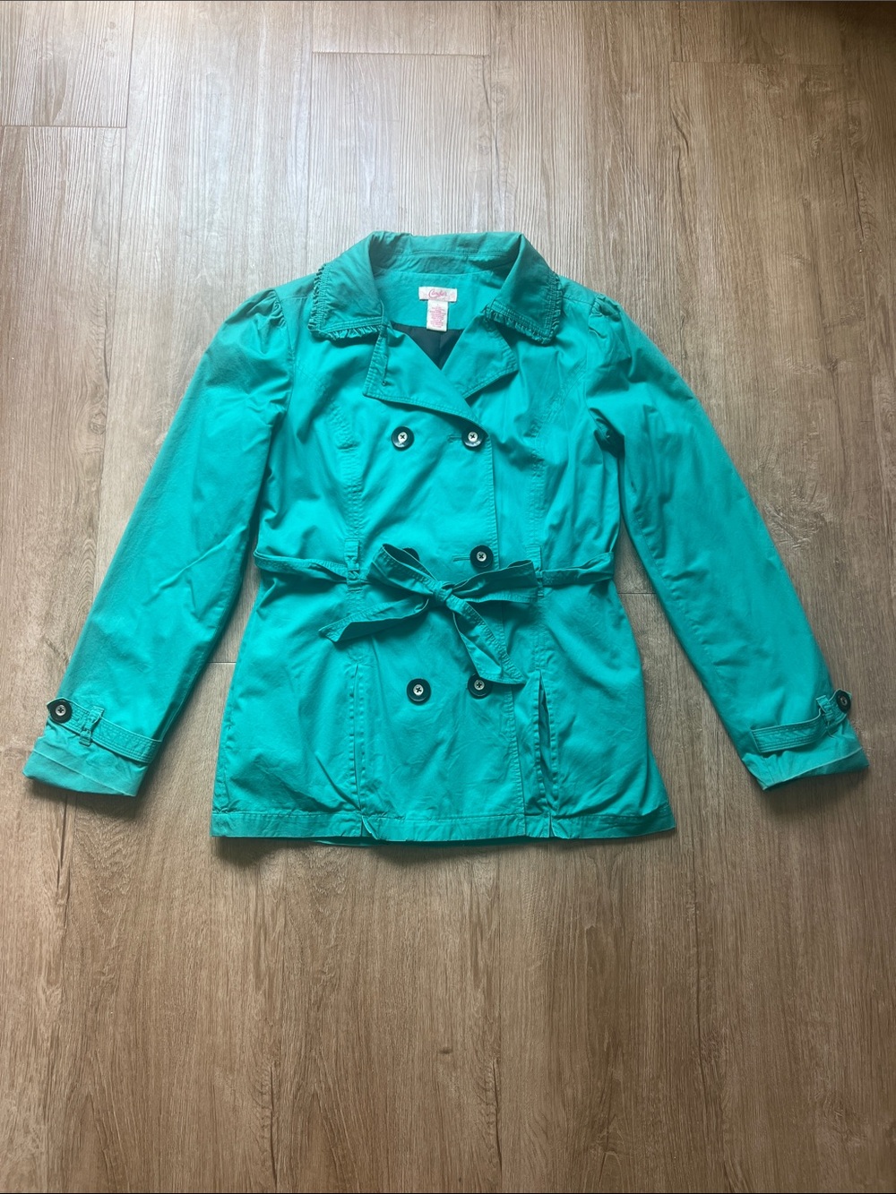 Candie's Women’s Green Double-Breasted Trench Coat with Waist Tie Size Large